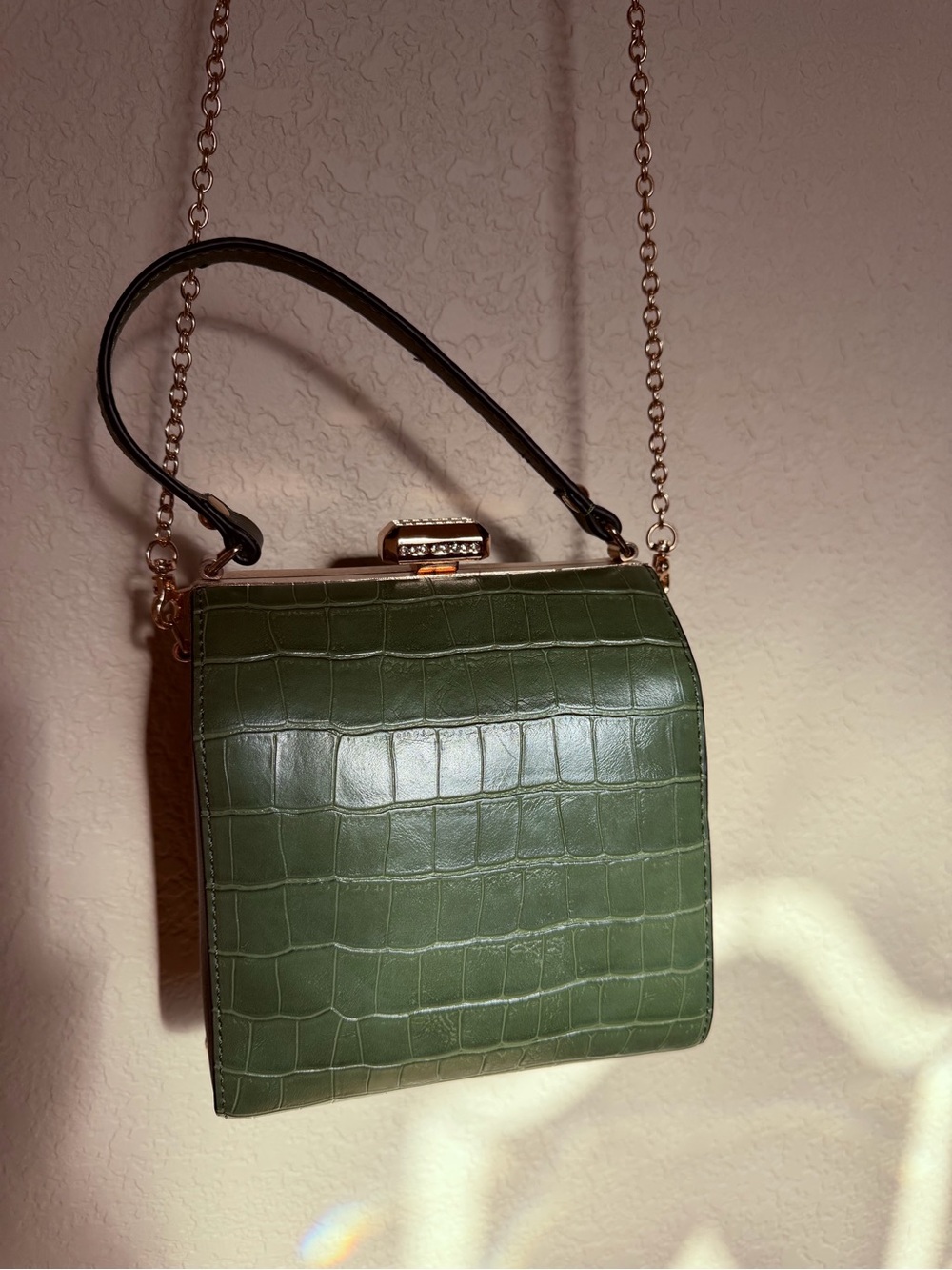 Green Croc-Embossed Top-Handle Shoulder Bag